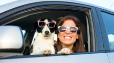 a woman and a dog in sunglasses are shown from the window of a car