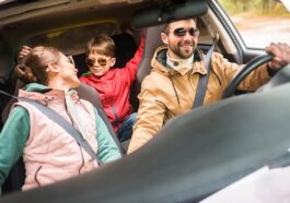 a family travels in a car