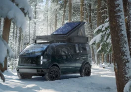 canoo pickup truck exterior in forest on snow