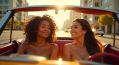 two women are riding in a luxury car