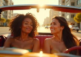 two women are riding in a luxury car