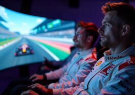 men participate in a virtual Formula 1 race