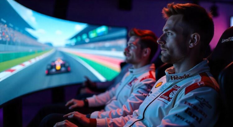 men participate in a virtual Formula 1 race