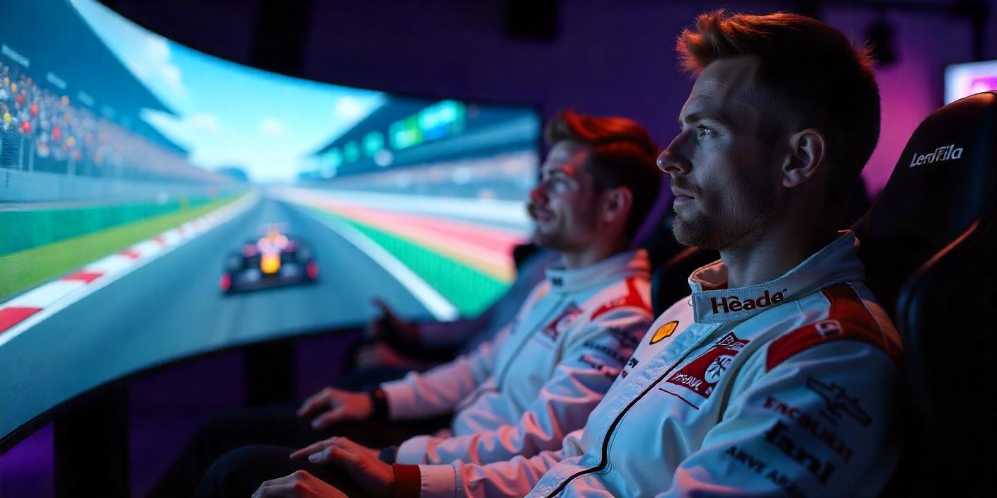 men participate in a virtual Formula 1 race