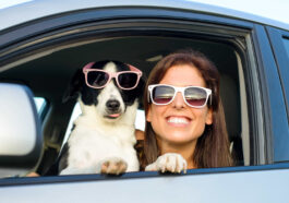 a woman and a dog in sunglasses are shown from the window of a car