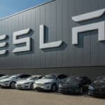 Tesla cars in front of Tesla factory