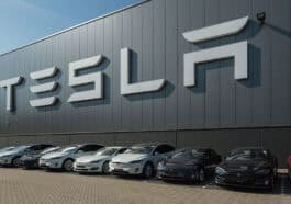 Tesla cars in front of Tesla factory